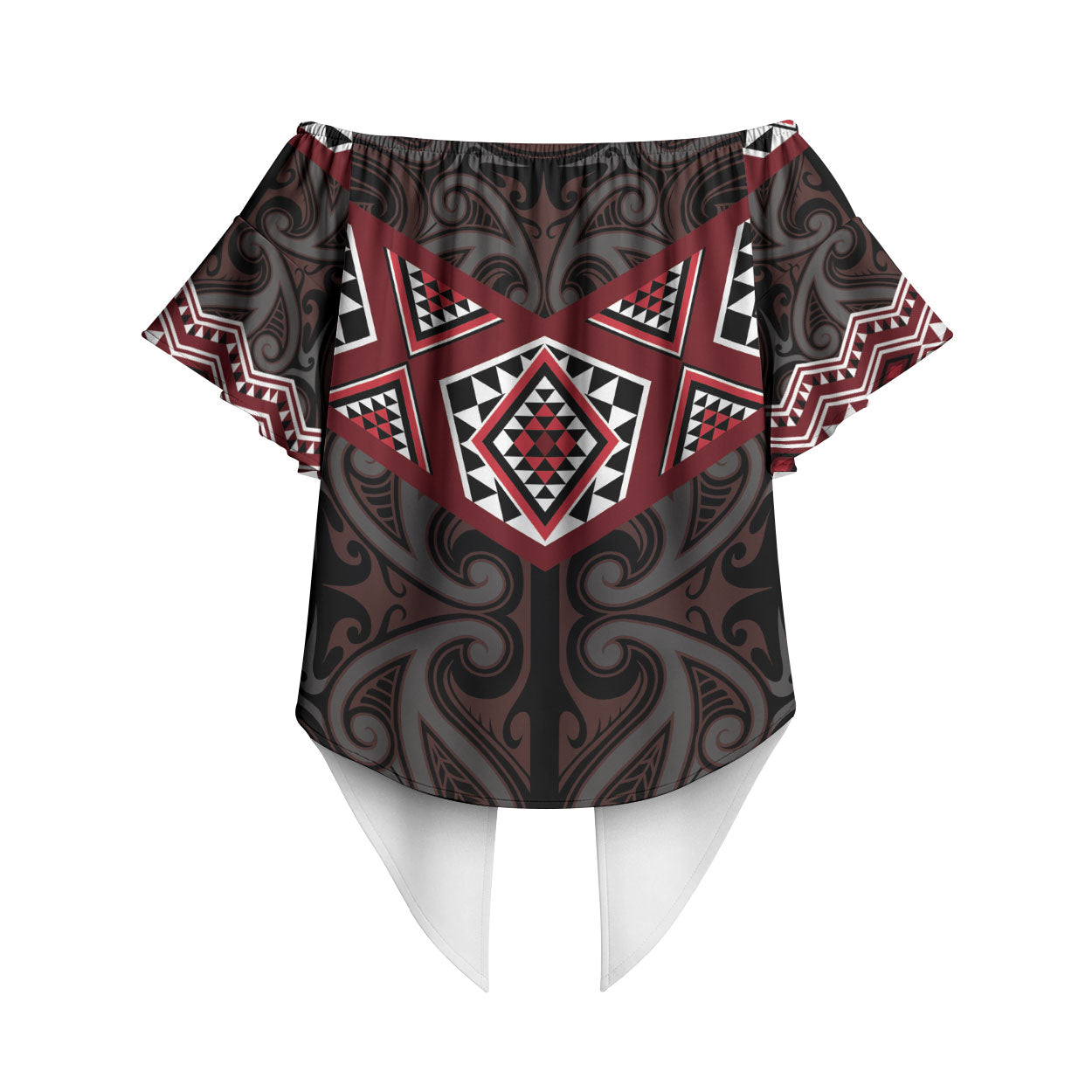 New Zealand Aotearoa Off Shoulder Wrap Waist Top Red Taniko Art Maori Pattern