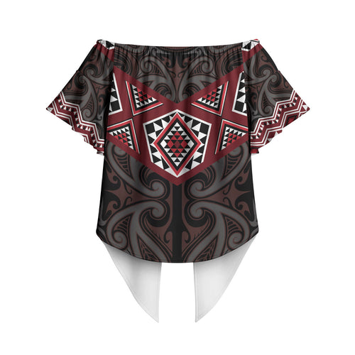 New Zealand Aotearoa Off Shoulder Wrap Waist Top Red Taniko Art Maori Pattern