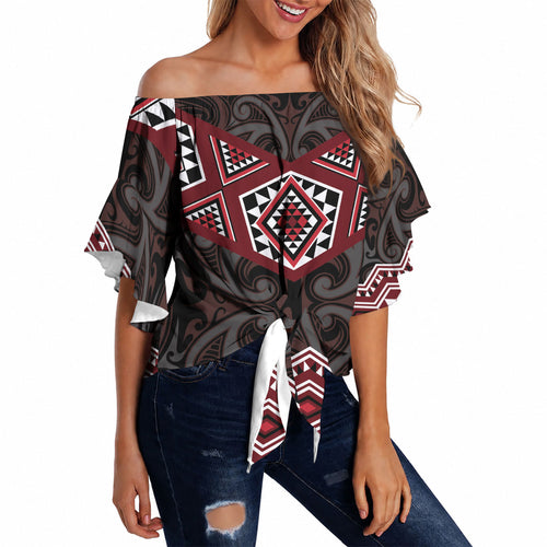New Zealand Aotearoa Off Shoulder Wrap Waist Top Red Taniko Art Maori Pattern