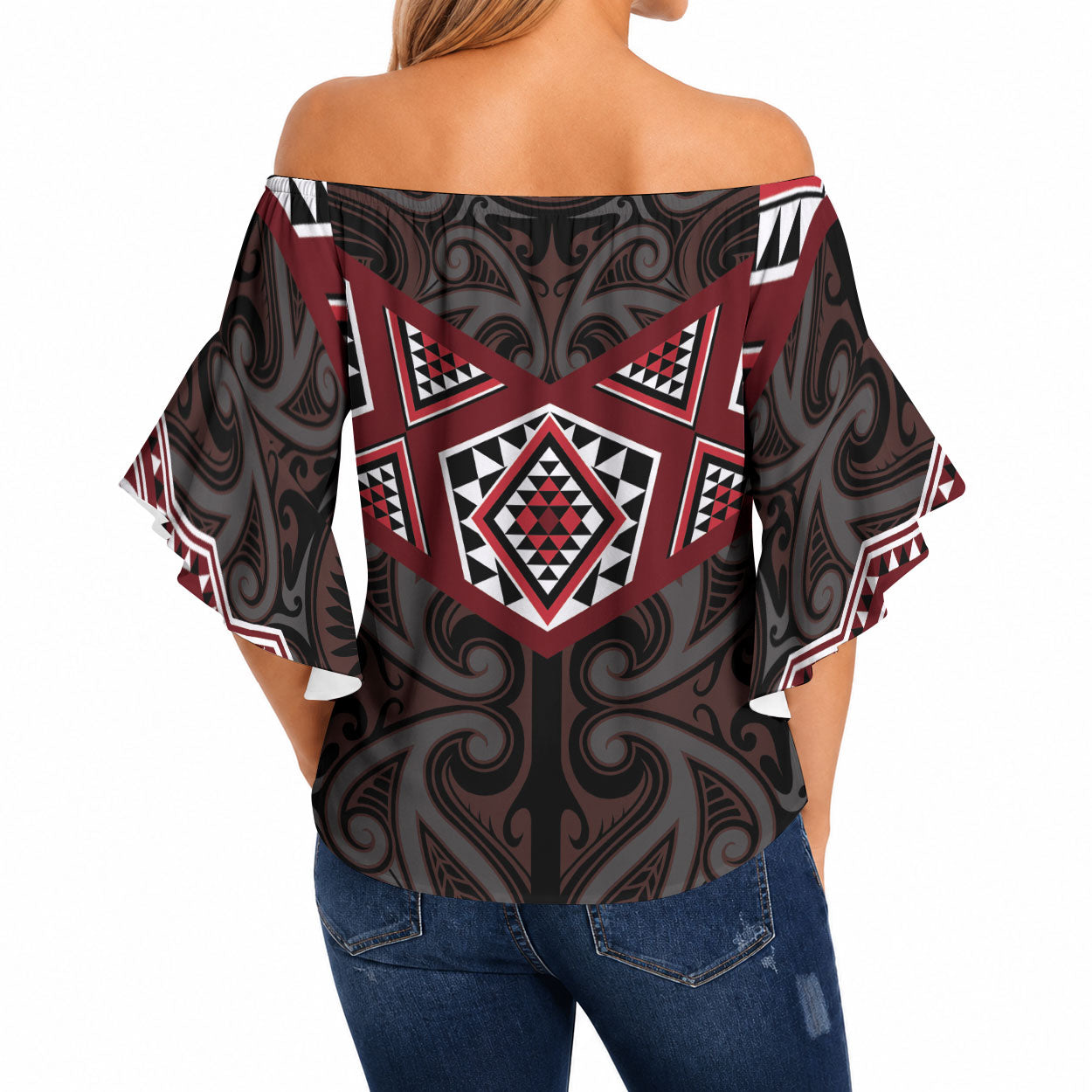 New Zealand Aotearoa Off Shoulder Wrap Waist Top Red Taniko Art Maori Pattern