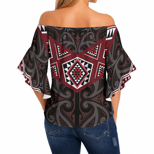 New Zealand Aotearoa Off Shoulder Wrap Waist Top Red Taniko Art Maori Pattern