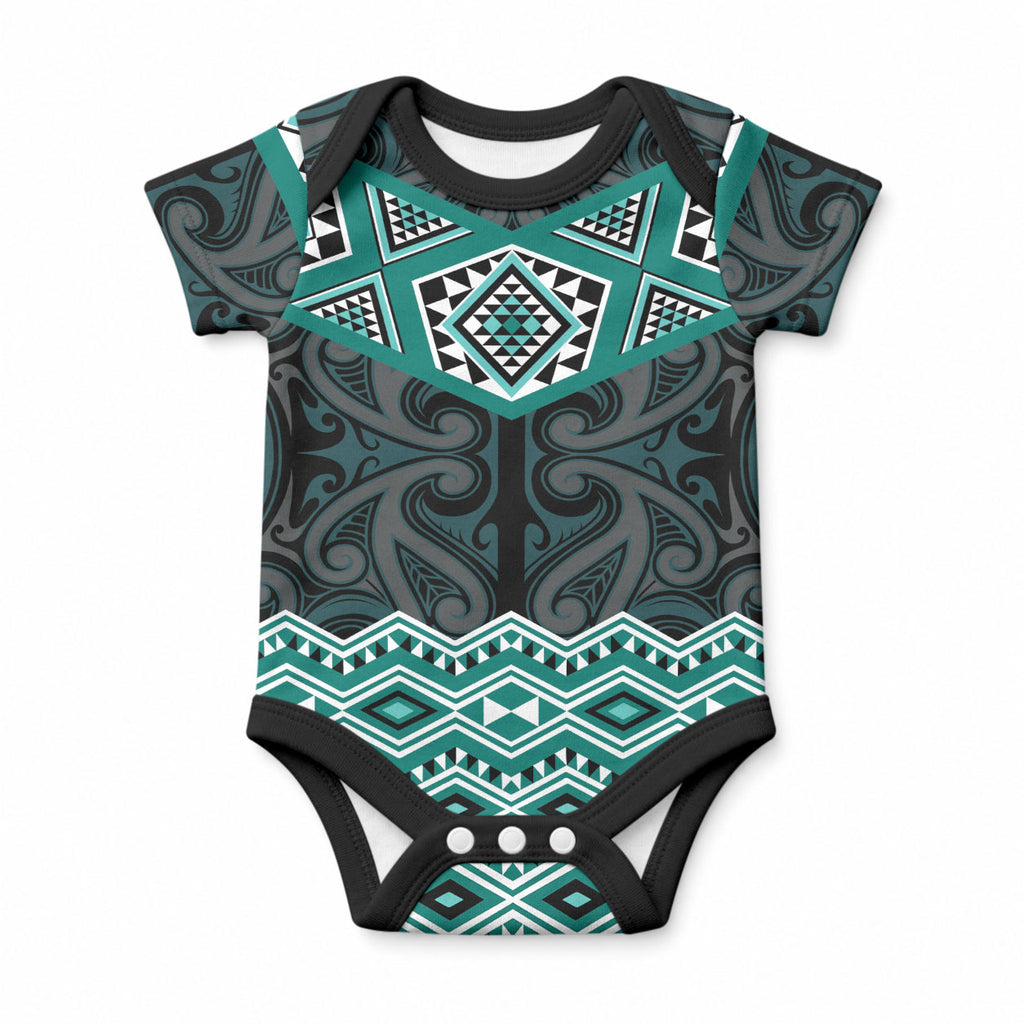 New Zealand Aotearoa Baby Onesie Turquoise Taniko Art Maori Pattern