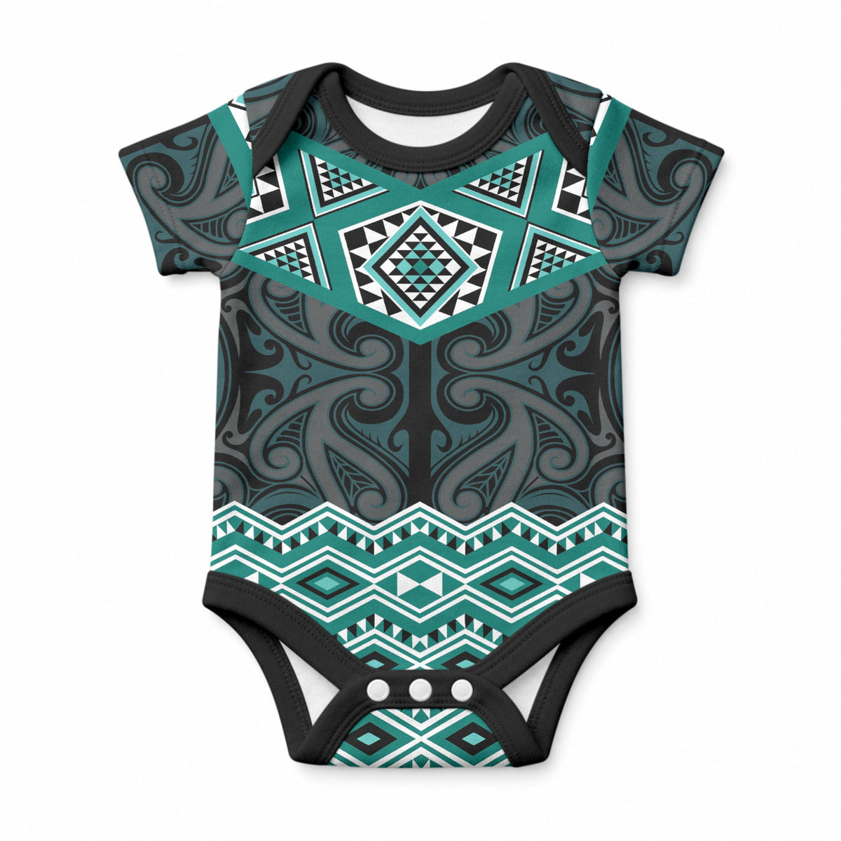 New Zealand Aotearoa Baby Onesie Turquoise Taniko Art Maori Pattern
