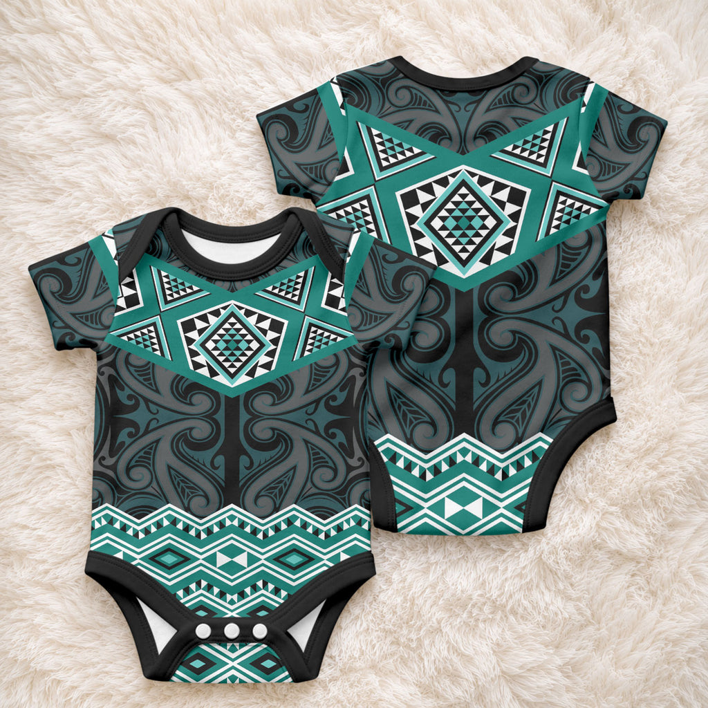 New Zealand Aotearoa Baby Onesie Turquoise Taniko Art Maori Pattern