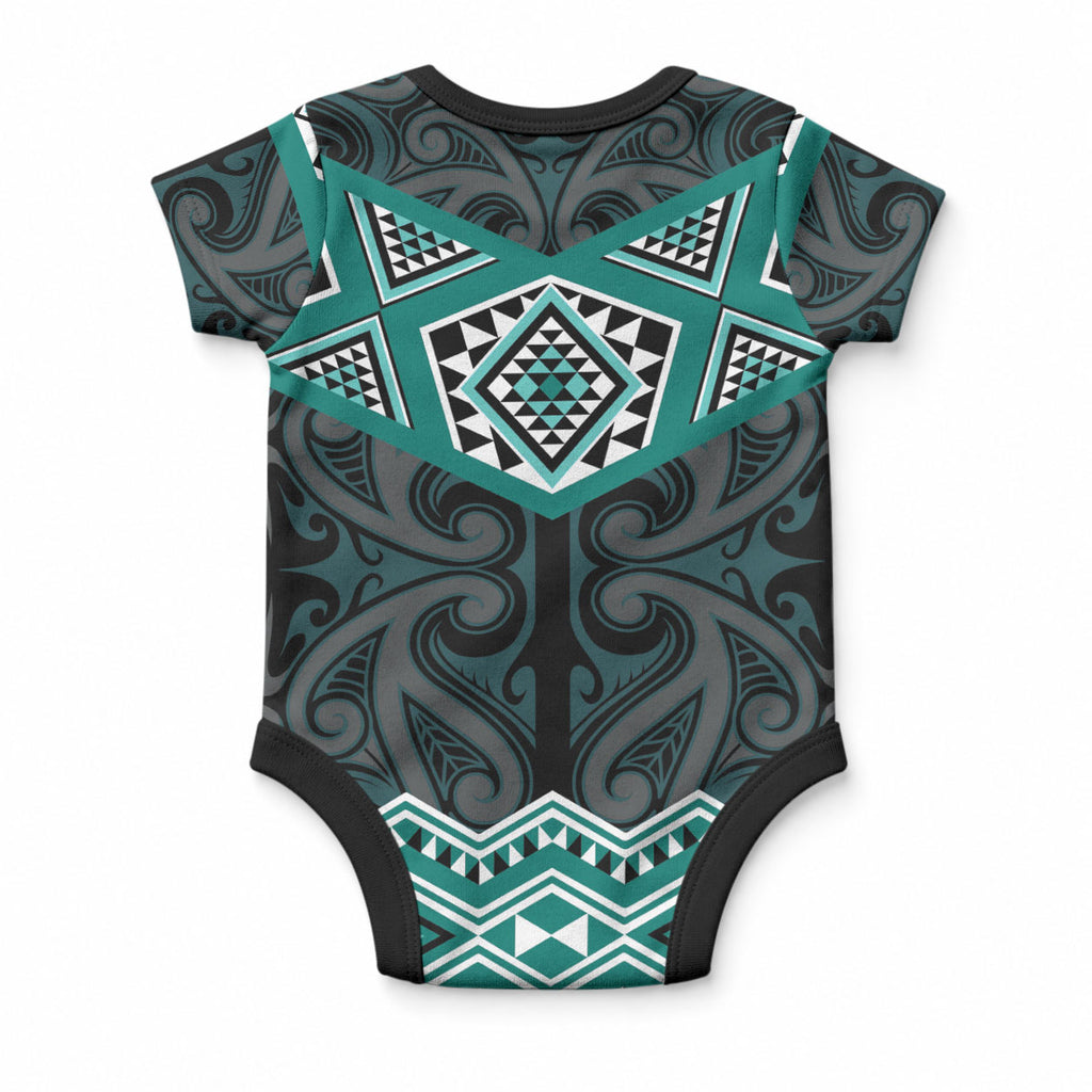 New Zealand Aotearoa Baby Onesie Turquoise Taniko Art Maori Pattern
