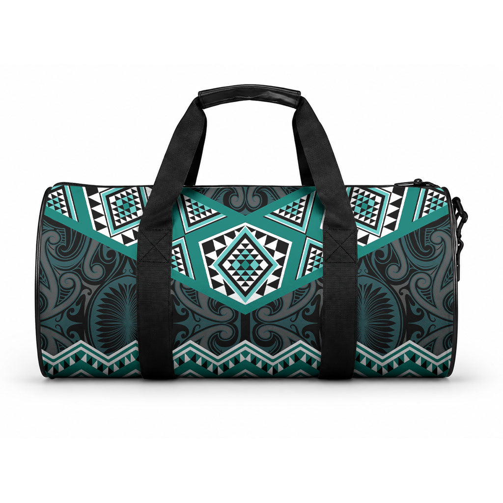 New Zealand Aotearoa Duffle Bag Turquoise Taniko Art Maori Pattern