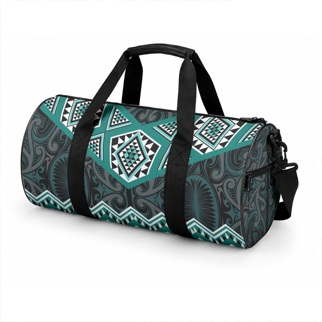 New Zealand Aotearoa Duffle Bag Turquoise Taniko Art Maori Pattern