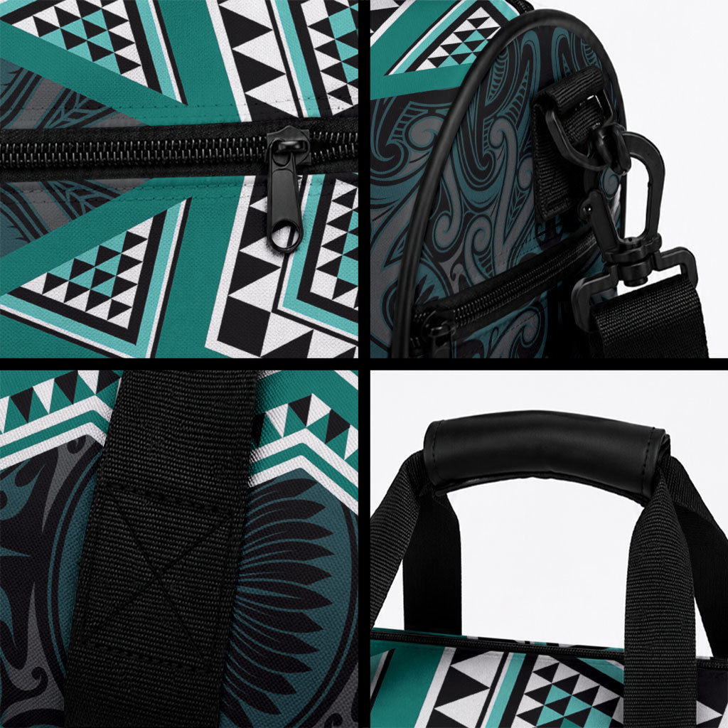 New Zealand Aotearoa Duffle Bag Turquoise Taniko Art Maori Pattern