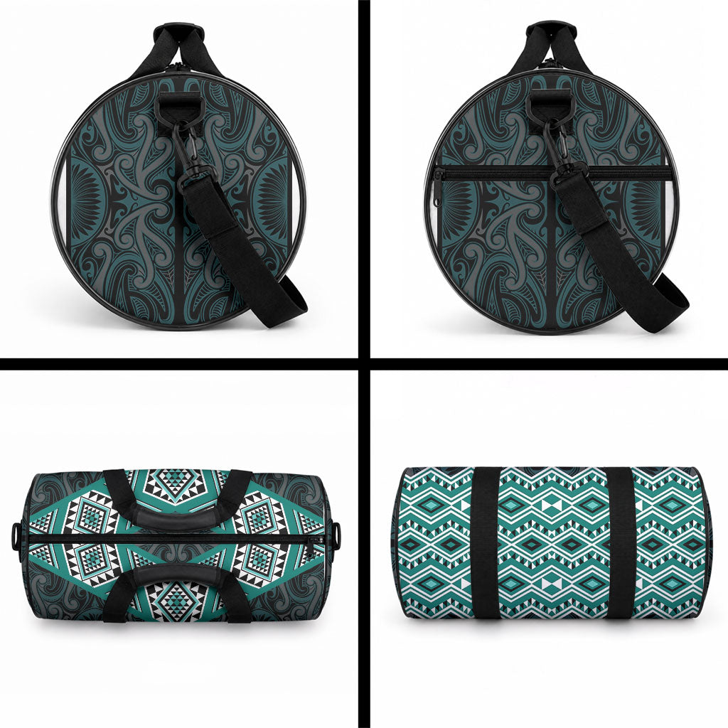 New Zealand Aotearoa Duffle Bag Turquoise Taniko Art Maori Pattern