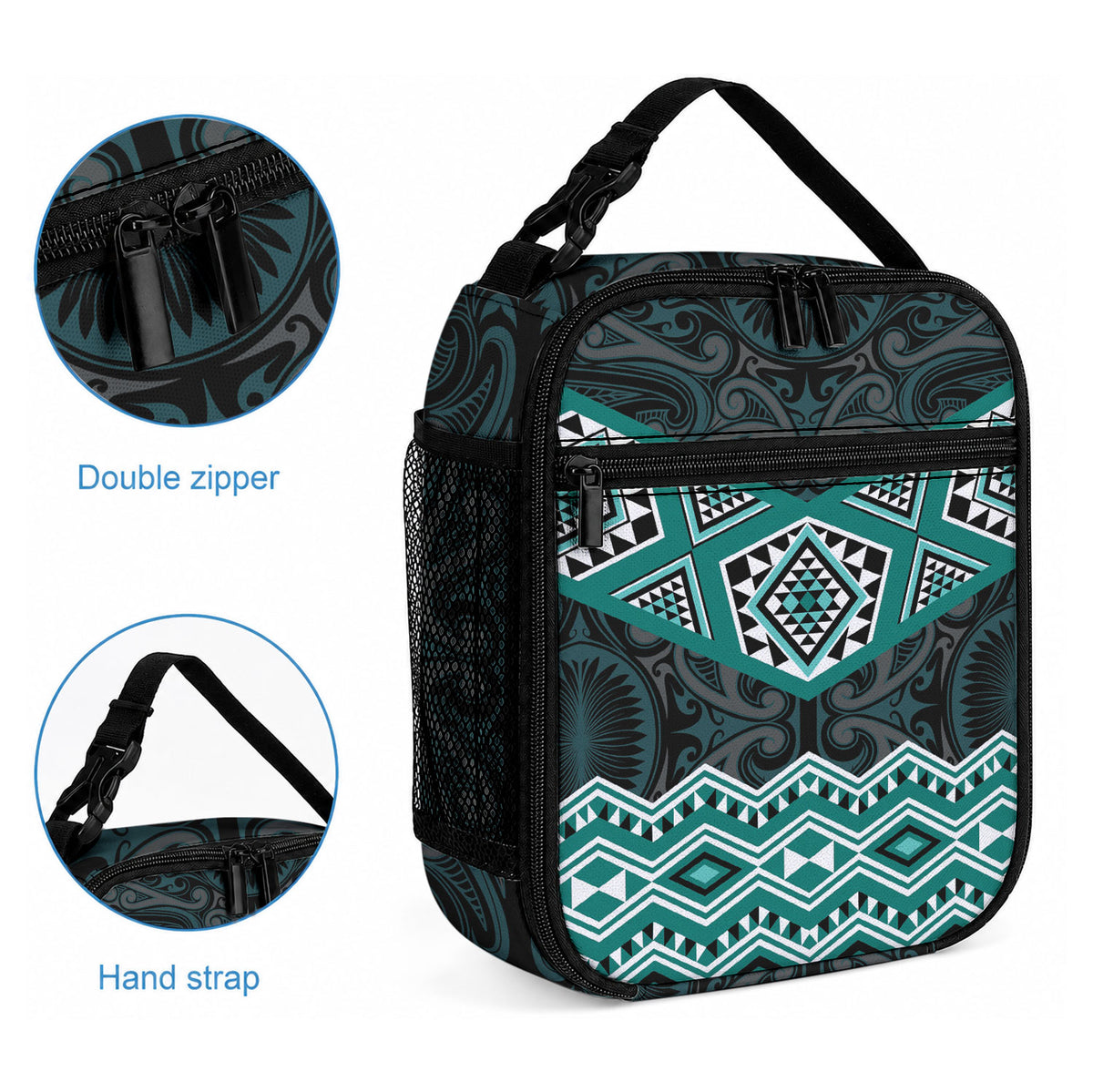 New Zealand Aotearoa Lunch Bag Turquoise Taniko Art Maori Pattern