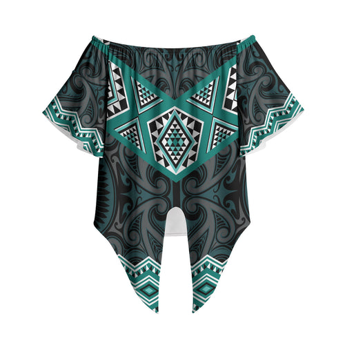 New Zealand Aotearoa Off Shoulder Wrap Waist Top Turquoise Taniko Art Maori Pattern