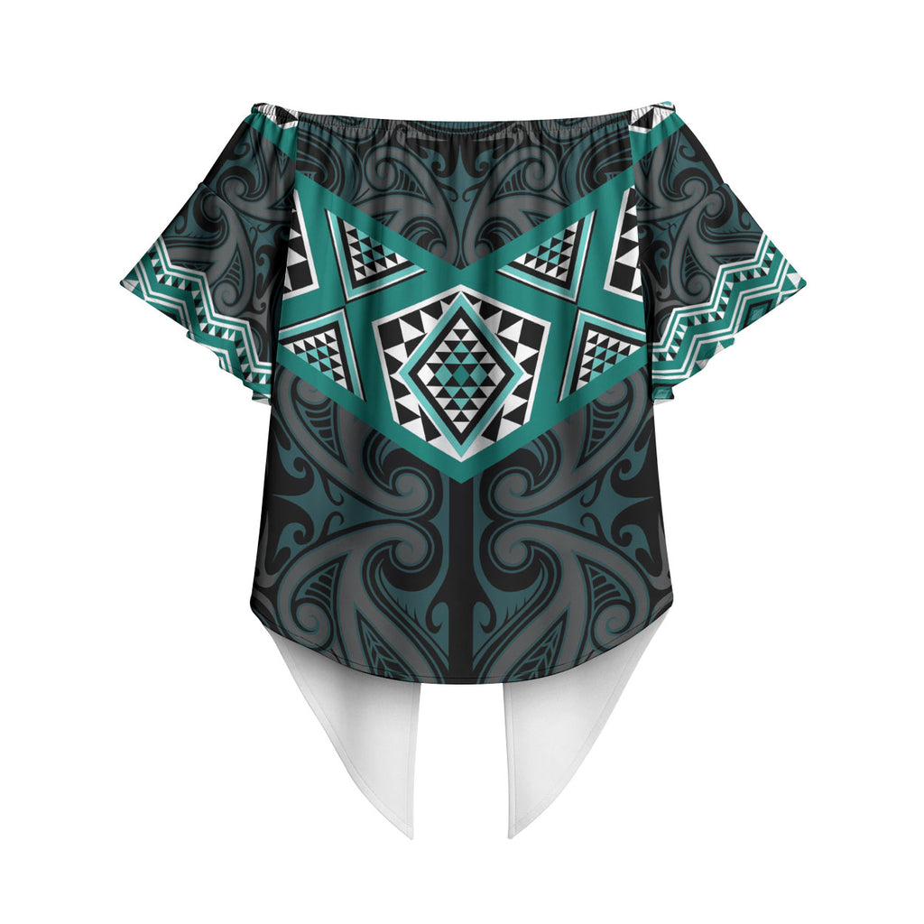 New Zealand Aotearoa Off Shoulder Wrap Waist Top Turquoise Taniko Art Maori Pattern