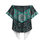 New Zealand Aotearoa Off Shoulder Wrap Waist Top Turquoise Taniko Art Maori Pattern