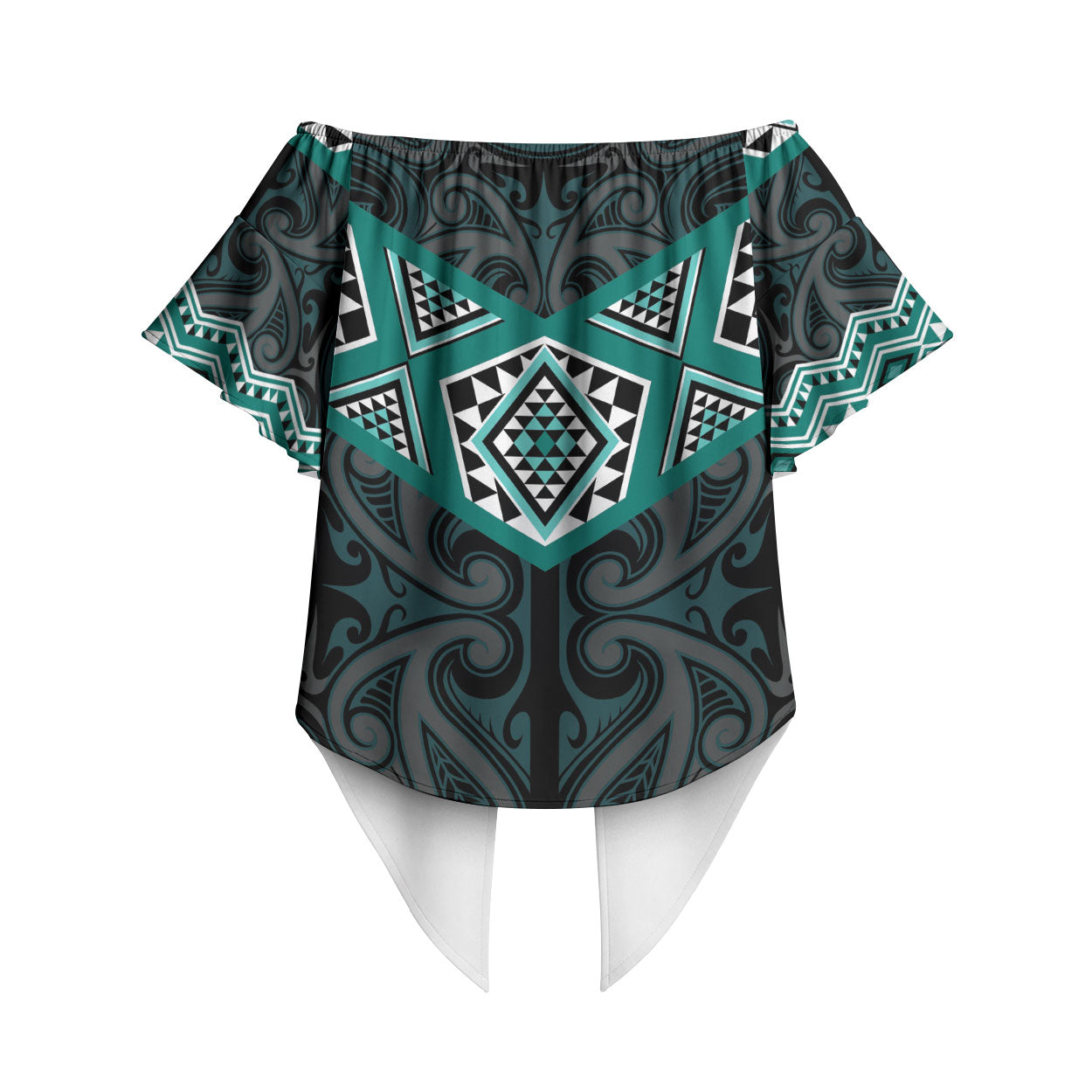 New Zealand Aotearoa Off Shoulder Wrap Waist Top Turquoise Taniko Art Maori Pattern