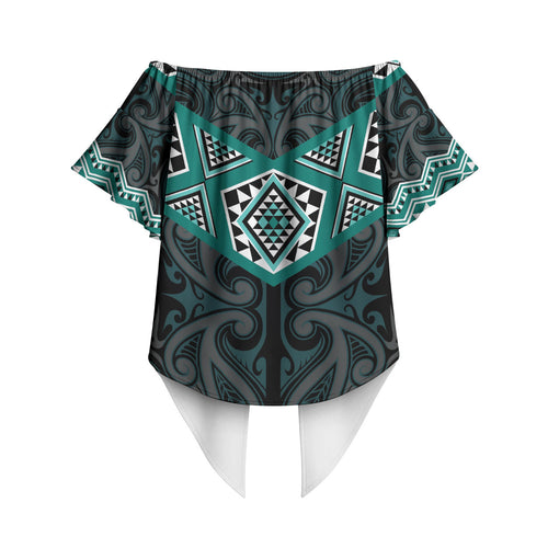 New Zealand Aotearoa Off Shoulder Wrap Waist Top Turquoise Taniko Art Maori Pattern