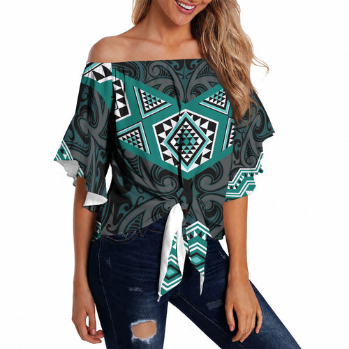 New Zealand Aotearoa Off Shoulder Wrap Waist Top Turquoise Taniko Art Maori Pattern