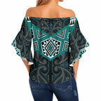 New Zealand Aotearoa Off Shoulder Wrap Waist Top Turquoise Taniko Art Maori Pattern