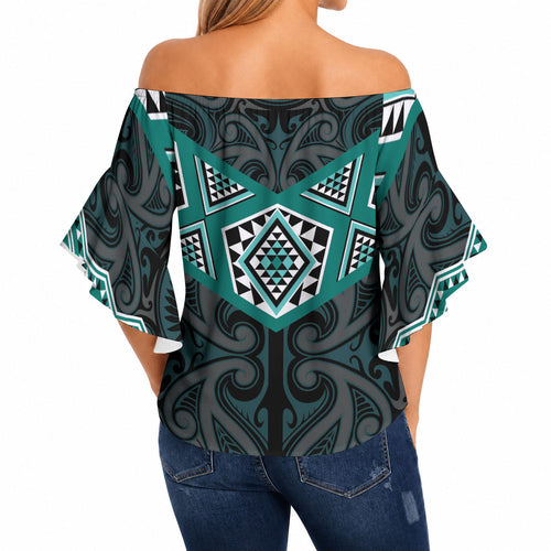 New Zealand Aotearoa Off Shoulder Wrap Waist Top Turquoise Taniko Art Maori Pattern