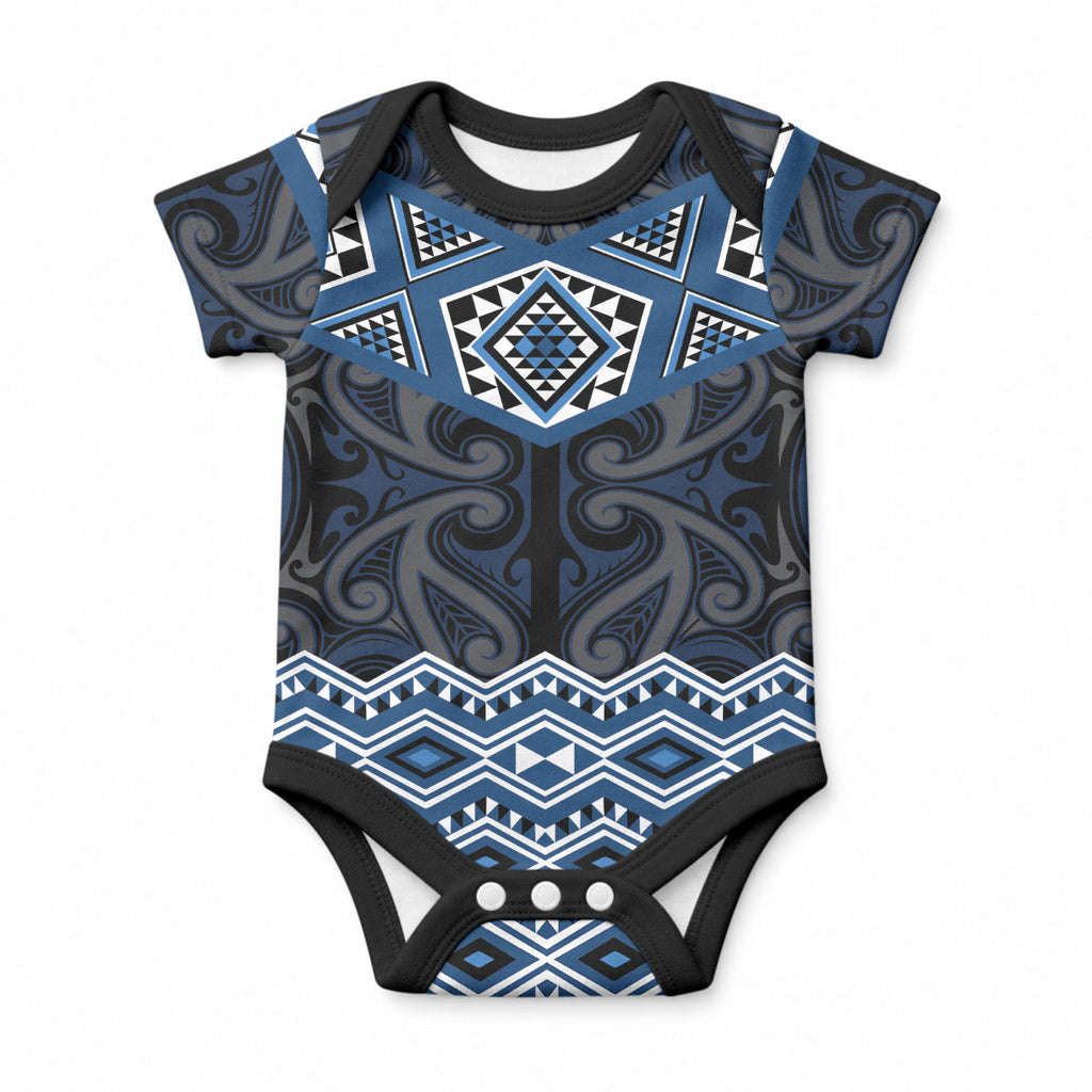 New Zealand Aotearoa Baby Onesie Blue Taniko Art Maori Pattern