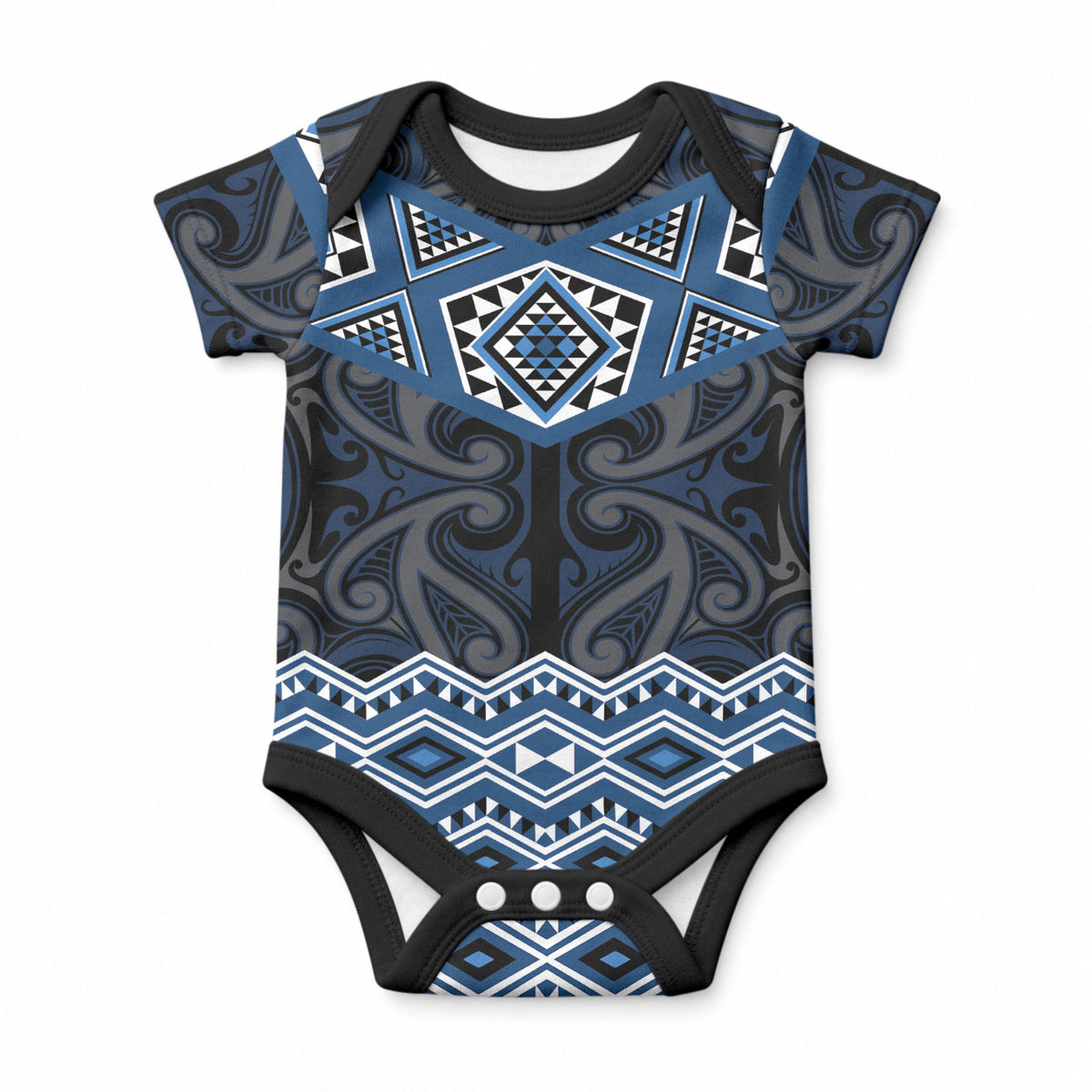 New Zealand Aotearoa Baby Onesie Blue Taniko Art Maori Pattern