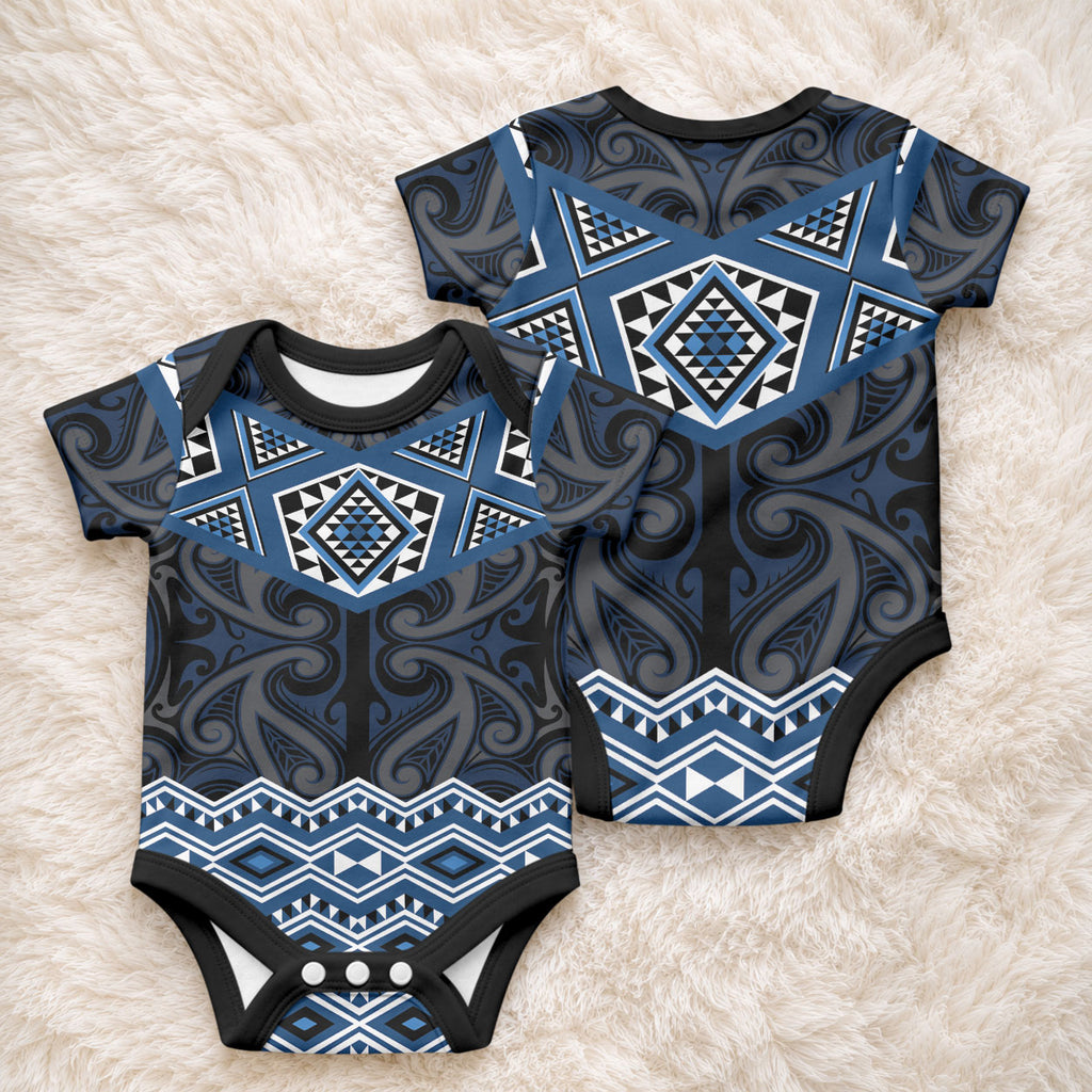New Zealand Aotearoa Baby Onesie Blue Taniko Art Maori Pattern