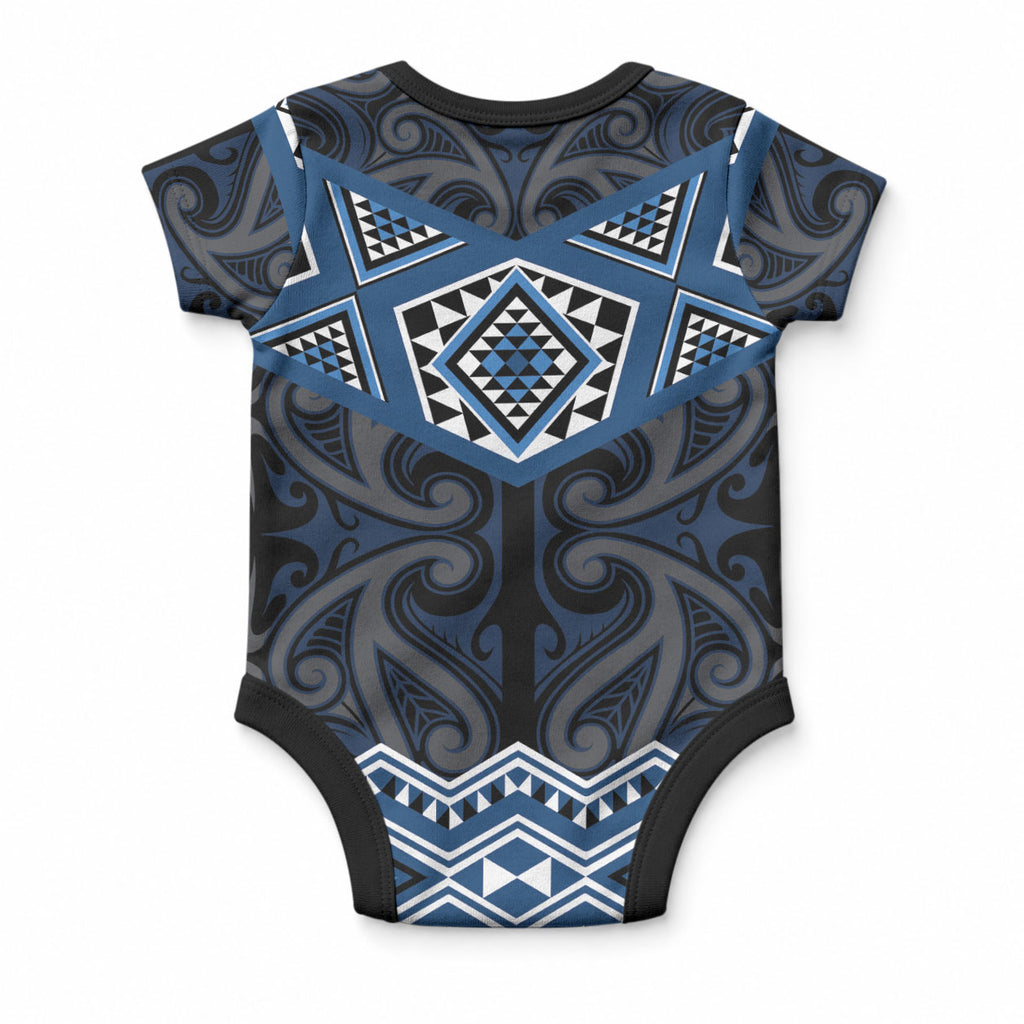 New Zealand Aotearoa Baby Onesie Blue Taniko Art Maori Pattern