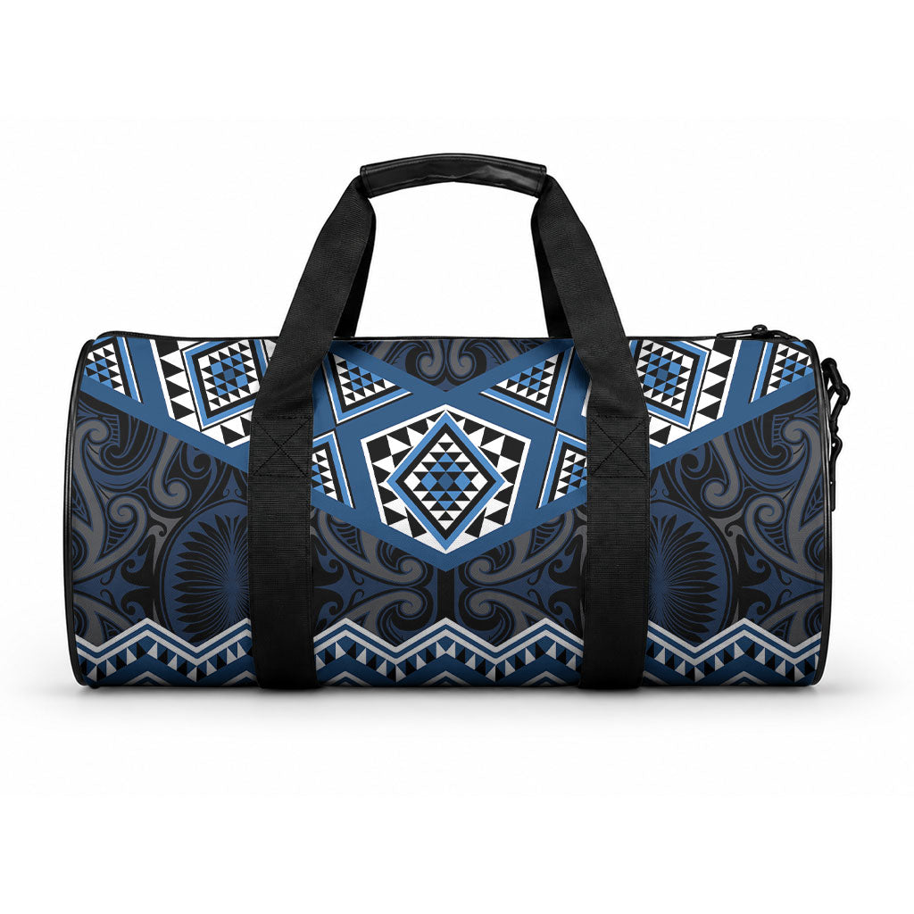 New Zealand Aotearoa Duffle Bag Blue Taniko Art Maori Pattern