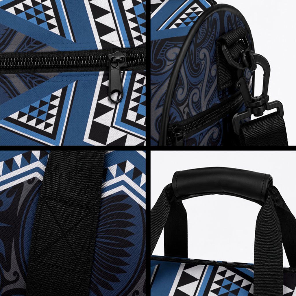 New Zealand Aotearoa Duffle Bag Blue Taniko Art Maori Pattern