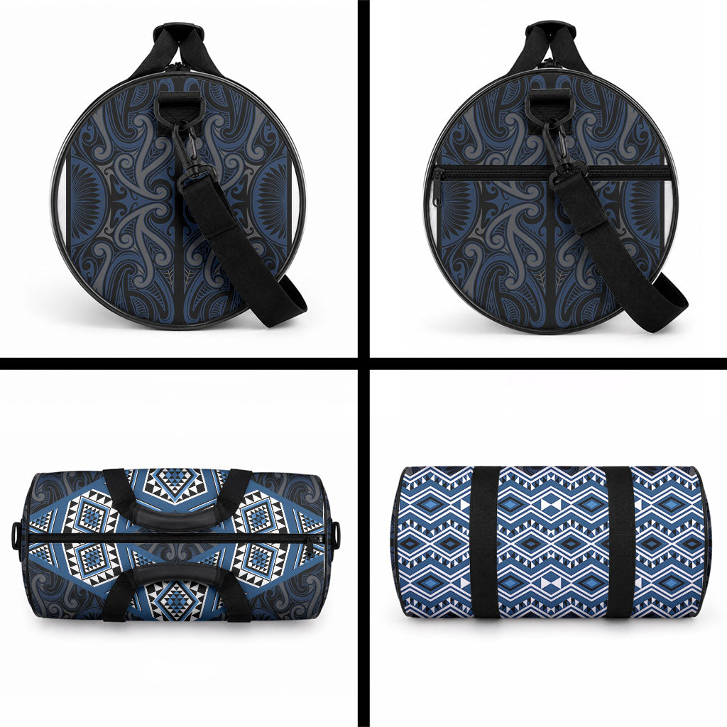 New Zealand Aotearoa Duffle Bag Blue Taniko Art Maori Pattern