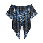 New Zealand Aotearoa Off Shoulder Wrap Waist Top Blue Taniko Art Maori Pattern