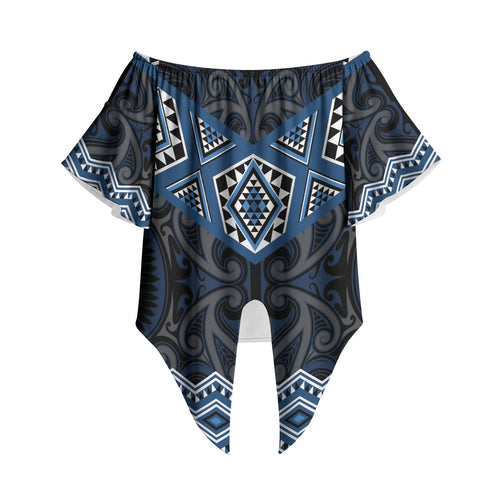 New Zealand Aotearoa Off Shoulder Wrap Waist Top Blue Taniko Art Maori Pattern
