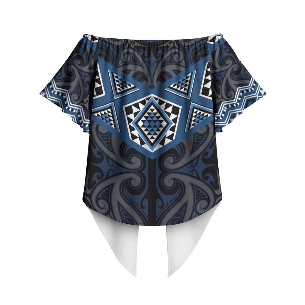 New Zealand Aotearoa Off Shoulder Wrap Waist Top Blue Taniko Art Maori Pattern