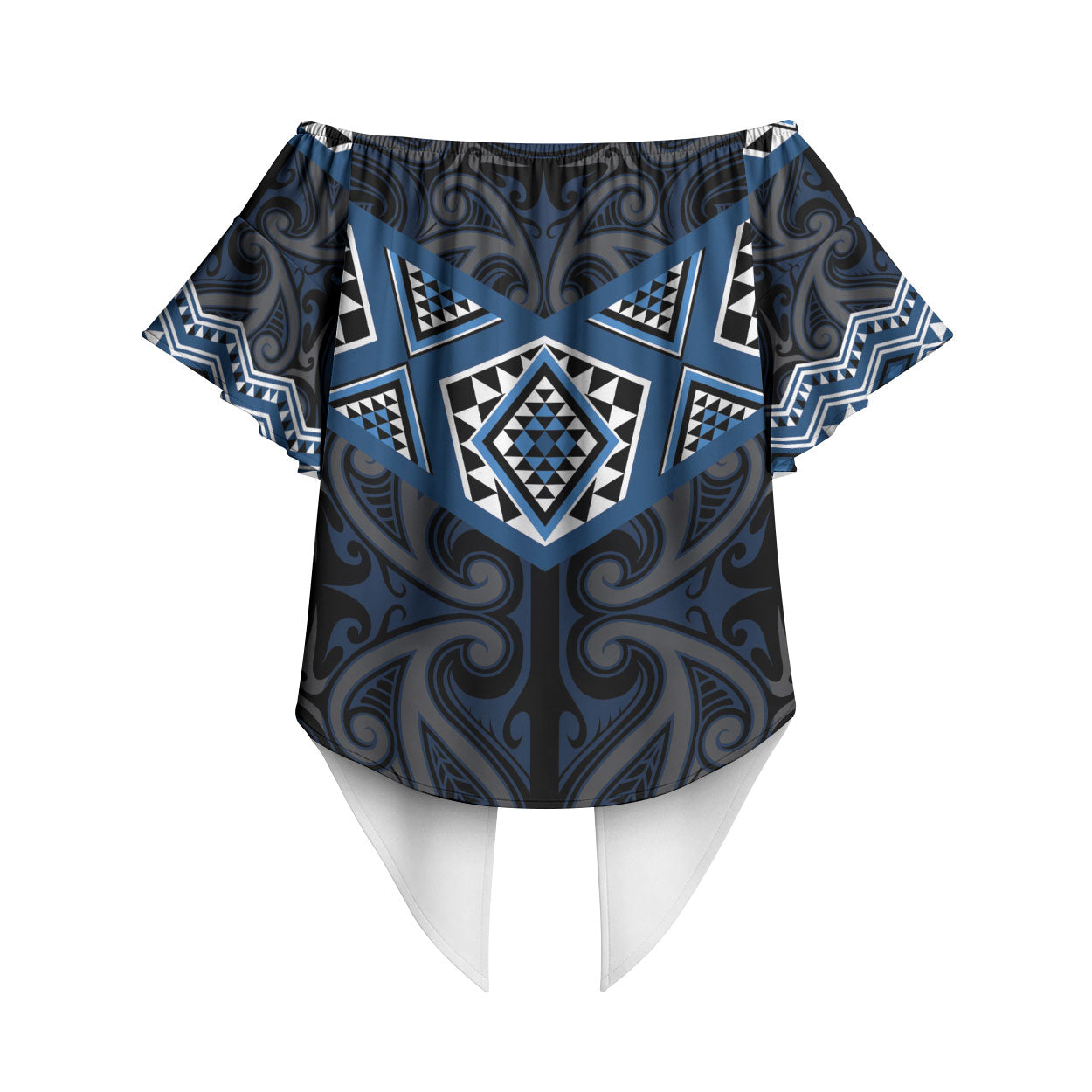 New Zealand Aotearoa Off Shoulder Wrap Waist Top Blue Taniko Art Maori Pattern