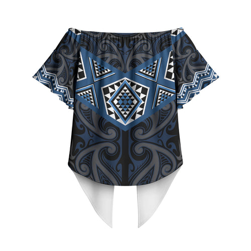 New Zealand Aotearoa Off Shoulder Wrap Waist Top Blue Taniko Art Maori Pattern