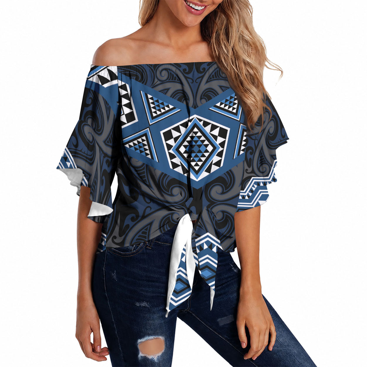 New Zealand Aotearoa Off Shoulder Wrap Waist Top Blue Taniko Art Maori Pattern