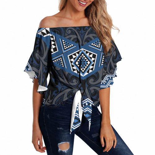 New Zealand Aotearoa Off Shoulder Wrap Waist Top Blue Taniko Art Maori Pattern