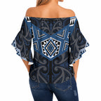 New Zealand Aotearoa Off Shoulder Wrap Waist Top Blue Taniko Art Maori Pattern
