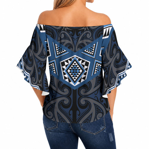 New Zealand Aotearoa Off Shoulder Wrap Waist Top Blue Taniko Art Maori Pattern