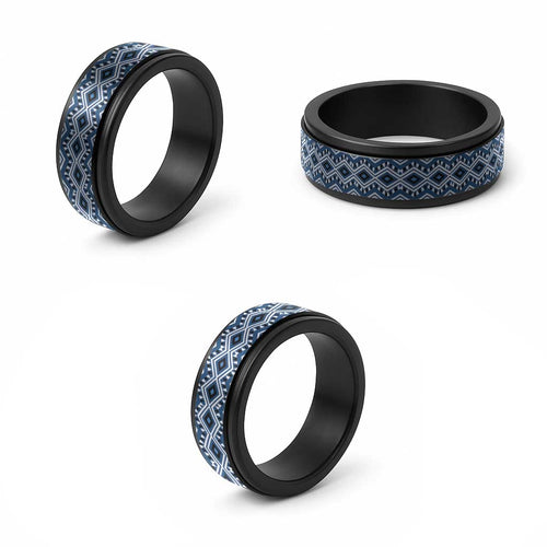 New Zealand Aotearoa Spinner Ring Blue Taniko Art Maori Pattern