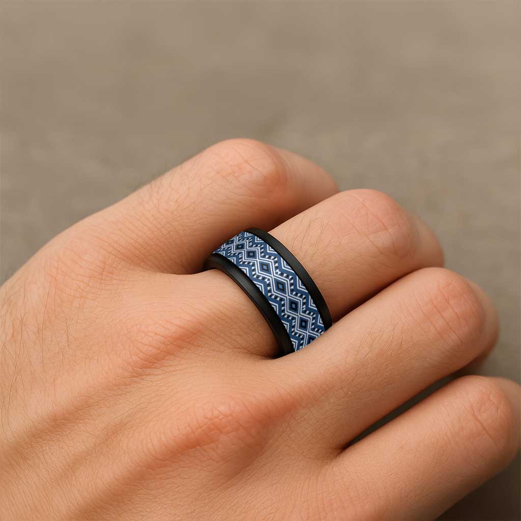 New Zealand Aotearoa Spinner Ring Blue Taniko Art Maori Pattern