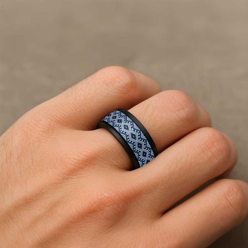 New Zealand Aotearoa Spinner Ring Blue Taniko Art Maori Pattern