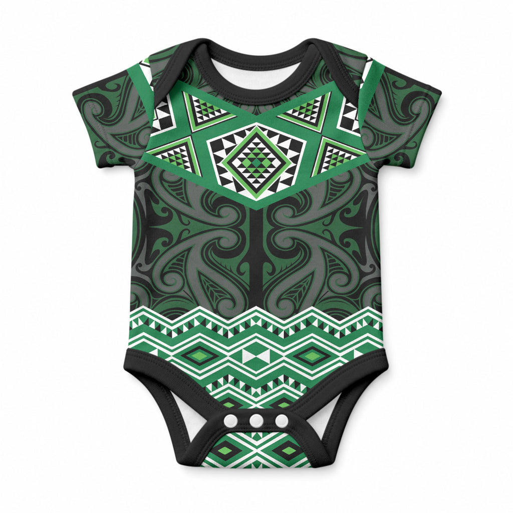 New Zealand Aotearoa Baby Onesie Green Taniko Art Maori Pattern