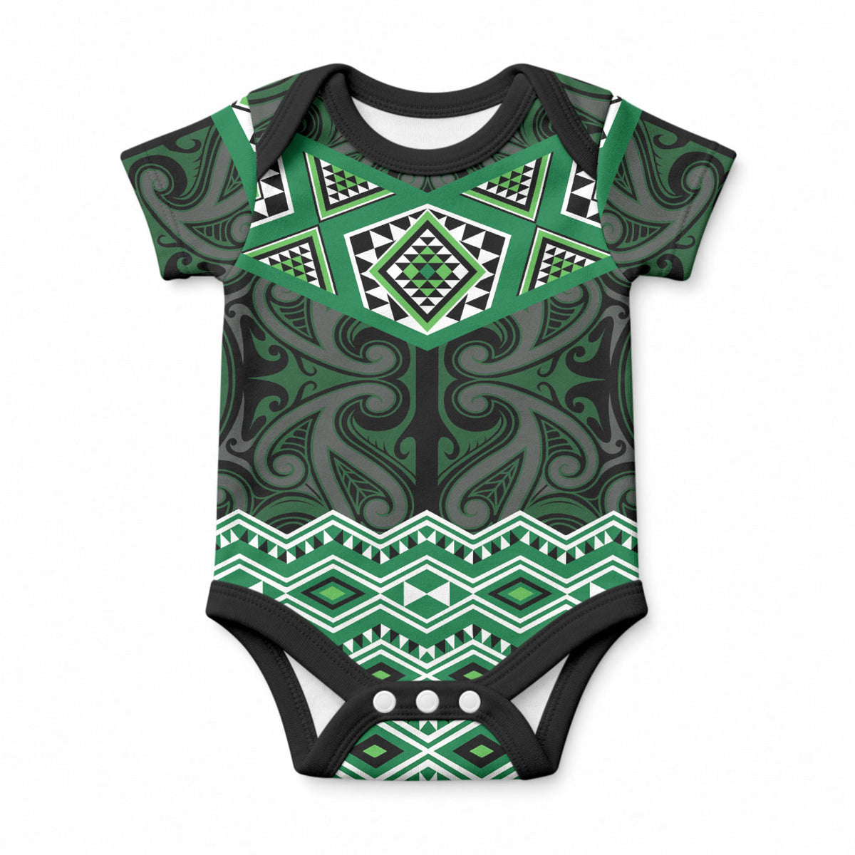 New Zealand Aotearoa Baby Onesie Green Taniko Art Maori Pattern
