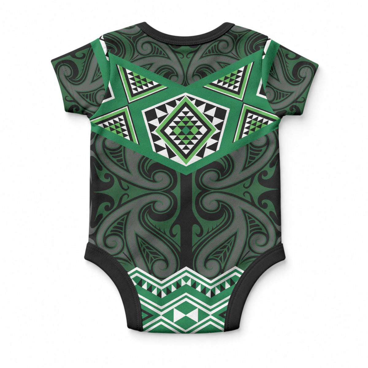 New Zealand Aotearoa Baby Onesie Green Taniko Art Maori Pattern