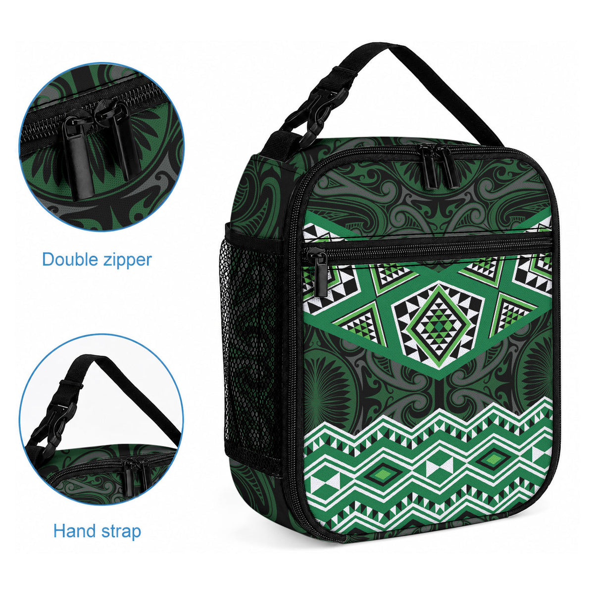 New Zealand Aotearoa Lunch Bag Green Taniko Art Maori Pattern