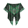 New Zealand Aotearoa Off Shoulder Wrap Waist Top Green Taniko Art Maori Pattern