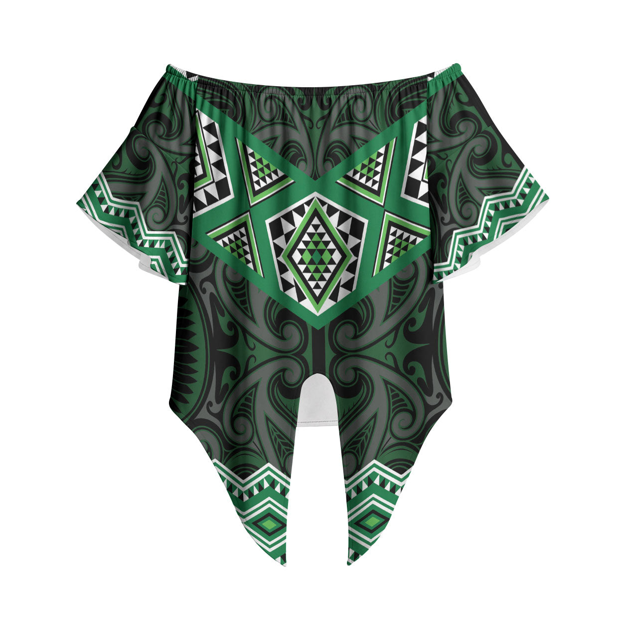 New Zealand Aotearoa Off Shoulder Wrap Waist Top Green Taniko Art Maori Pattern