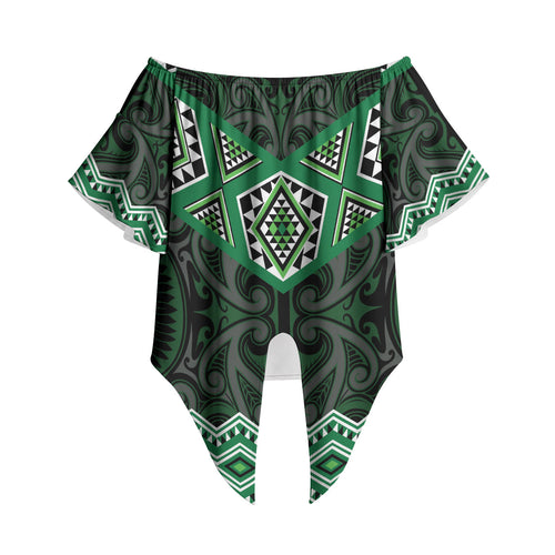 New Zealand Aotearoa Off Shoulder Wrap Waist Top Green Taniko Art Maori Pattern