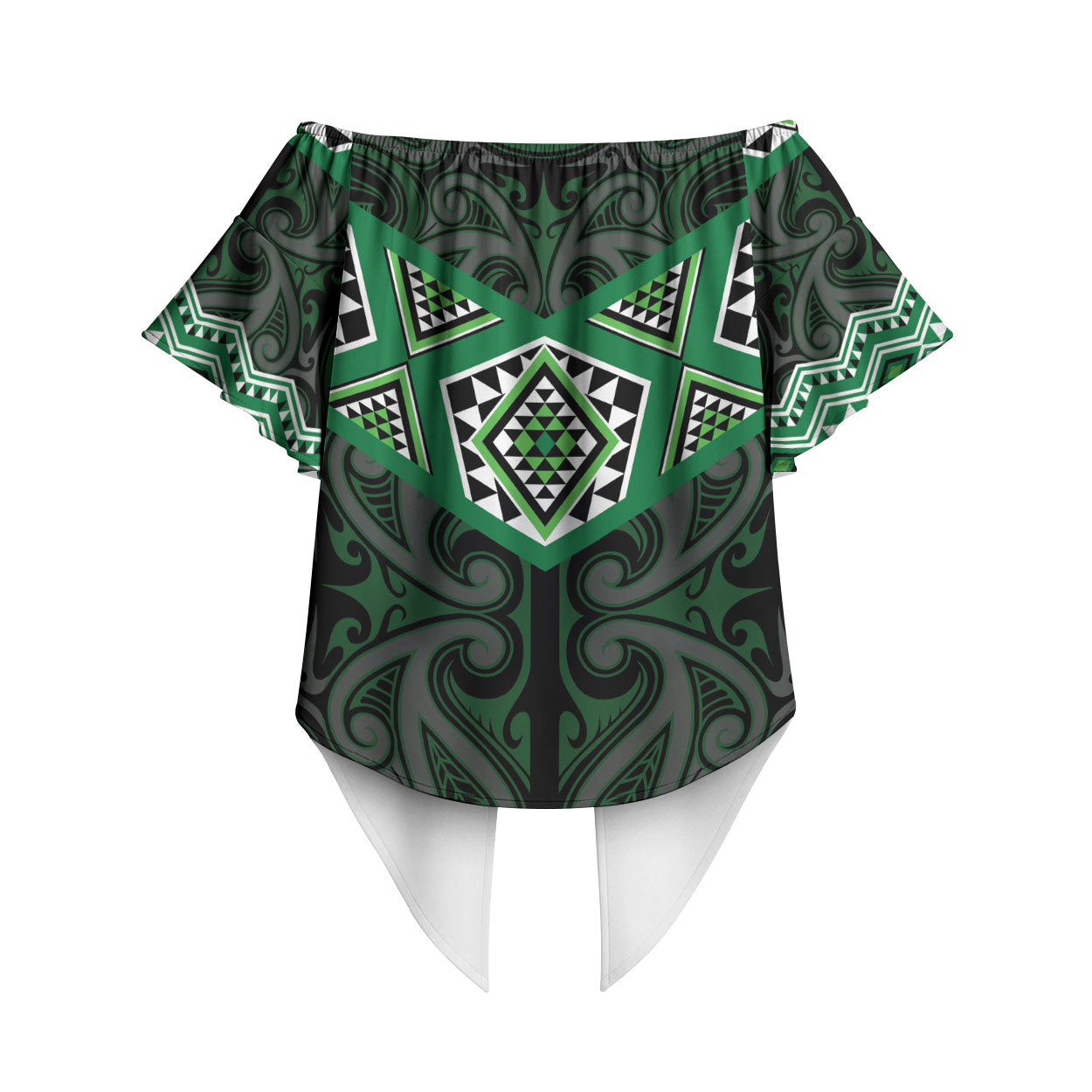 New Zealand Aotearoa Off Shoulder Wrap Waist Top Green Taniko Art Maori Pattern