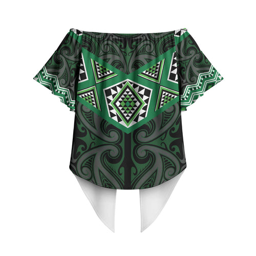 New Zealand Aotearoa Off Shoulder Wrap Waist Top Green Taniko Art Maori Pattern